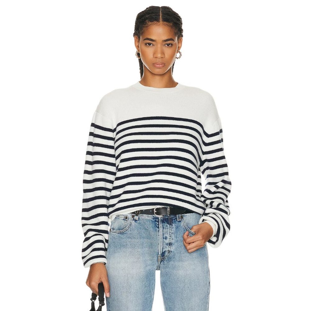 NWT KHAITE Viola in Ivory & Navy Stripe Cashmere Crew Neck Sweater XL $1,580